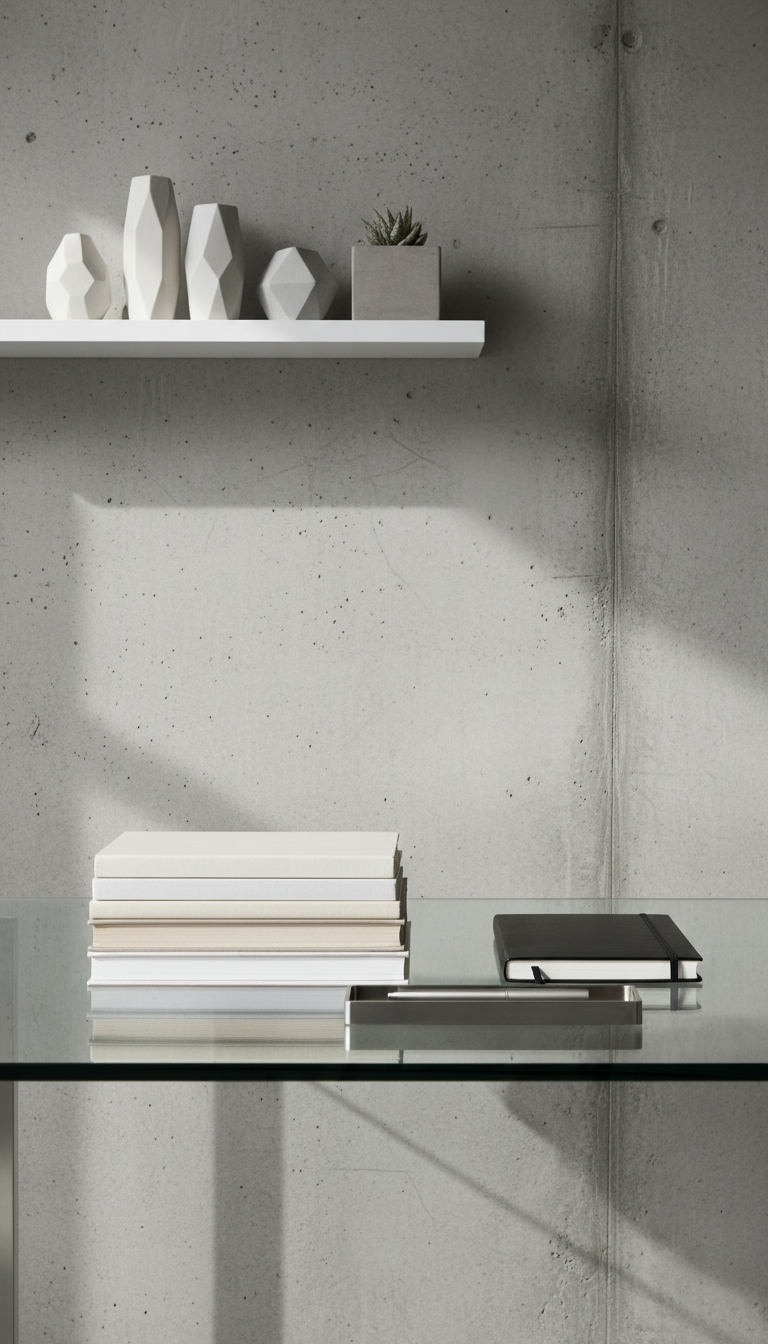 A stack of hardcover books with crisp, neutral-toned dust jackets sits neatly on a sleek glass desk beside a structured matte-black journal and a brushed steel pen tray. Behind the books, a textured concrete wall provides a modern backdrop, complemented by the subtle order of geometric décor objects. The entire scene is bathed in diffused daylight from an unseen window, creating soft highlights on the glass and gentle shadows along the table’s edges. Captured at eye-level with balanced, centered composition, the clean lines and refined color palette evoke a professional, organized mood. The photographic realism and corporate aesthetic emphasize intellectual pursuit—perfect for a culture blog exploring varied, weighty topics.