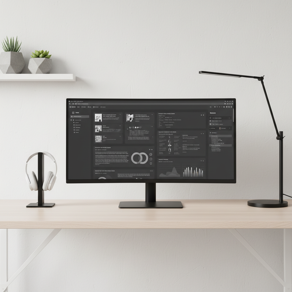 A minimalist workspace featuring a wide, high-resolution monitor displaying a monochrome interface with structured blocks of text and icons, set atop a pale wood desk with a matte finish. A pair of wireless headphones rests neatly on a stand, and a thin metal lamp produces cool, even light, eliminating harsh shadows. The setting exudes professionalism with a neutral palette; the geometric rhythm of clean tabletops and carefully positioned objects speaks to order and clarity. Photographed from a slightly elevated angle and composed using rule of thirds, the atmosphere is focused and efficient, aligning with the clean, modern look of a culture-focused blog.
